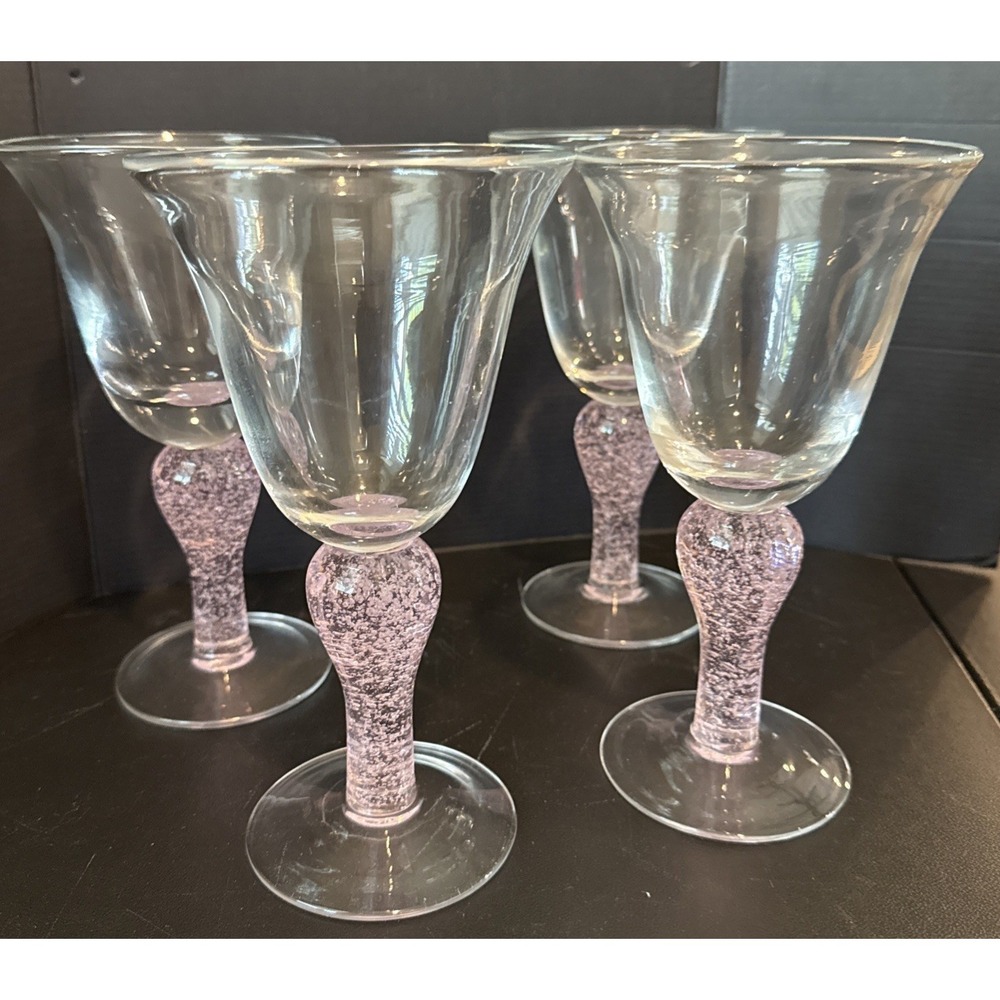 Artland Iris Pink Stem Water Tea Goblets Bubble Glass 8 Inch Set of 4